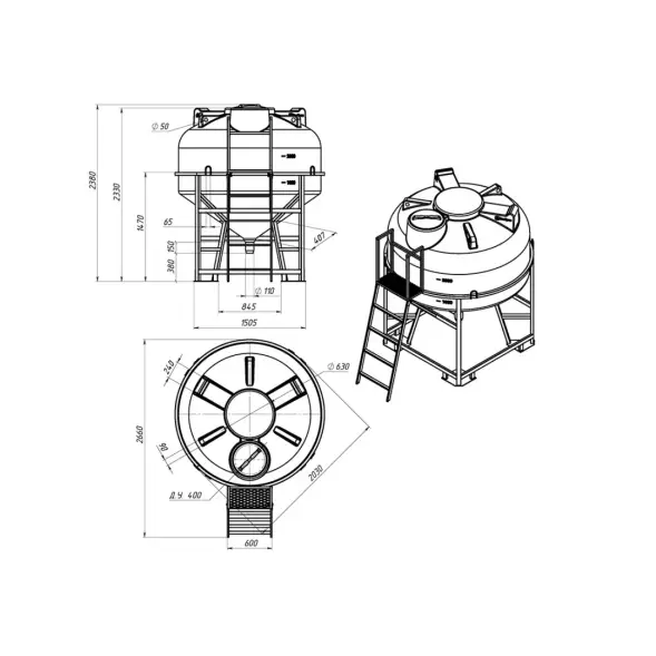 Емкость ЦКТ 3000 л с патрубком 160мм под плотность до 1,2 г/см3 белая в обрешетке с лестницей